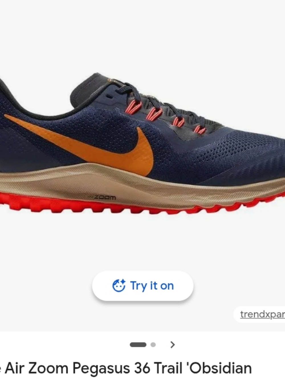 Nike Air Zoom Pegasus 36 Trail in Obsidian with Orange Crimson Accents Sz 10 1/2